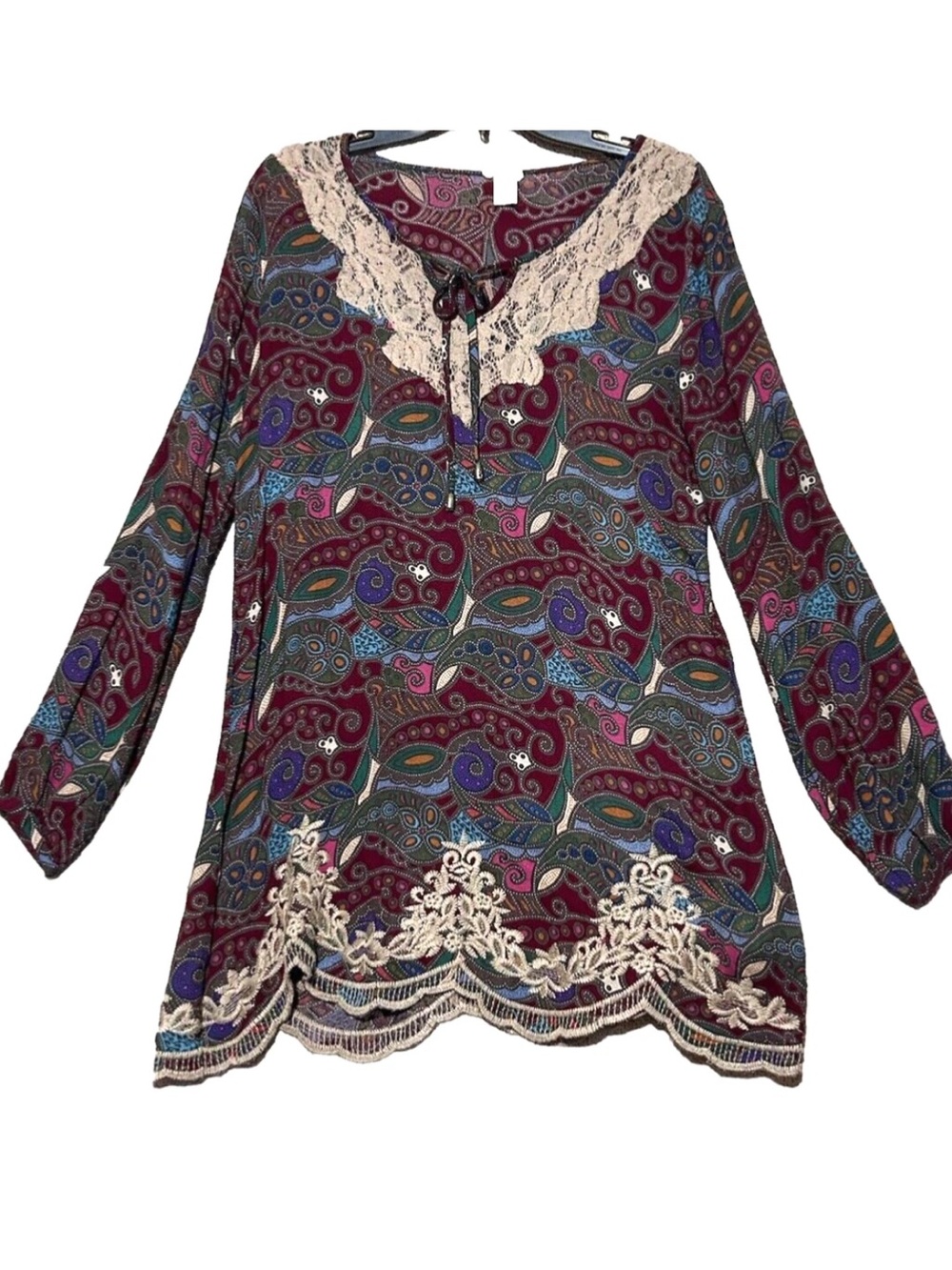 Gimmicks Top S By BKE The Buckle Lace Trim Paisley Print Long Tunic Shirt Blouse